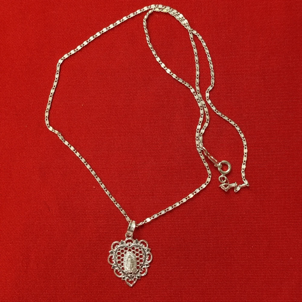 Elegant Heart‎ Pendant Necklace 925 Sterling Silver virgin mary Catholic Medal